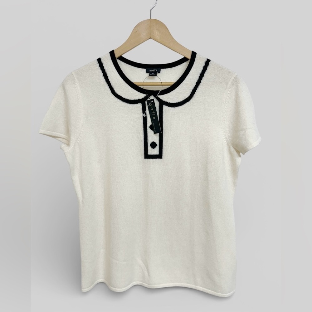 Sofia Cashmere Ivory Cashmere Contrast Trim Short Sleeve Polo Sweater XL NWT - Picture 2 of 5
